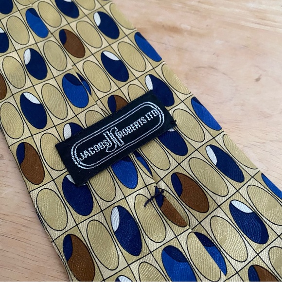 Jacobs Roberts Silk Tie with Repeating Oval Pattern in Gold, Blue & Brown Shades - Picture 7 of 9